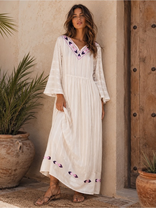 Dresses & Skirts - Ivory Boho Embroidered V-Neck Maxi Dress